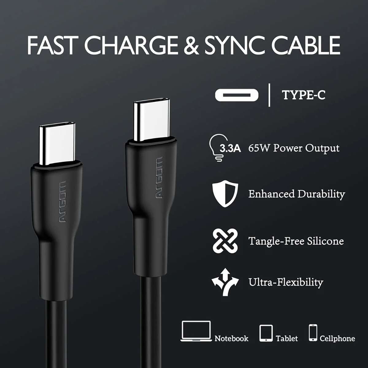 Cable De Carga Rápida Type-C Argomtech ARG-CB-0070BK 65W 3.3A 1.8 Metros Negro